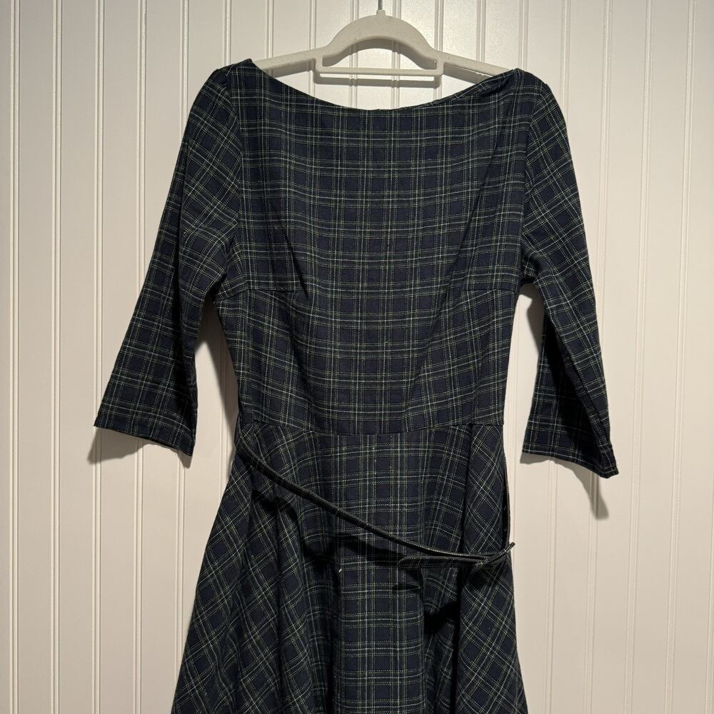 Unique Vintage Blue Green Plaid 50s Dress Fit Flare Belted Boat Neck Size 10 - Picture 2 of 8